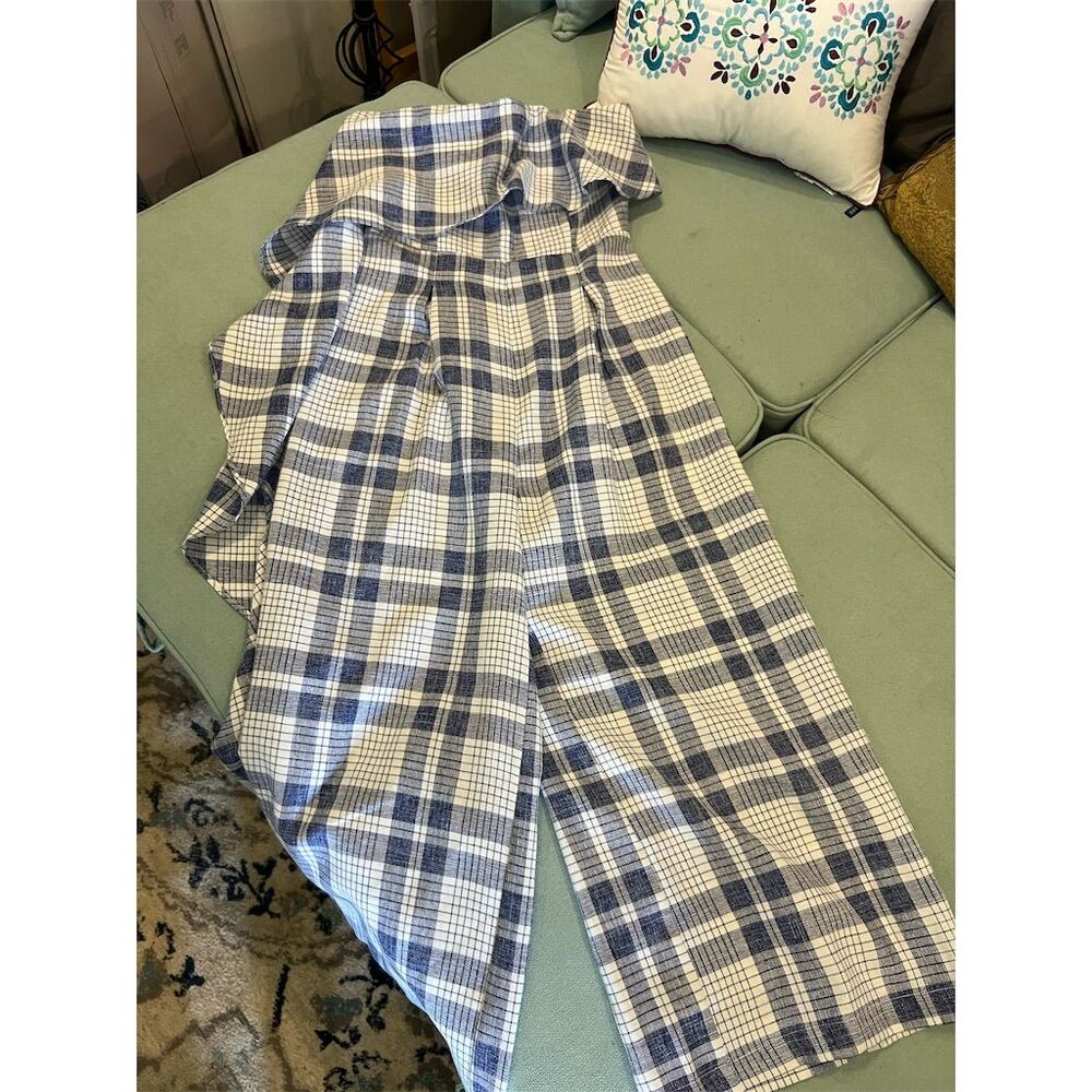 Gianni Bini Women's Plaid Jumpsuit Blue Size S Casual Wide Leg